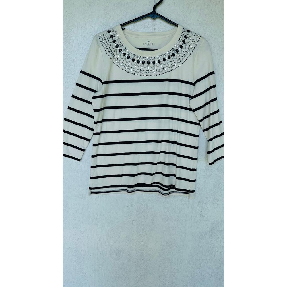 Talbots women’s Black Striped Bejeweled Shirt Size Mp||||